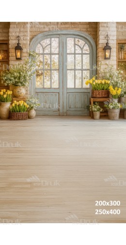 Tło fotograficzne „Wiosenne drzwi z żółtymi tulipanami” | E606